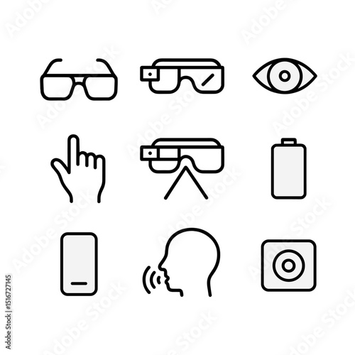 AR Glasses Icons. Outline icon set of augmented reality glasses: AR glasses frame, transparent display, eye-tracking dot, gesture