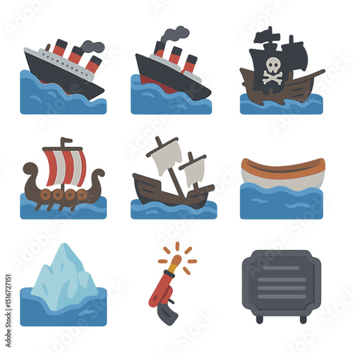 Famous Shipwreck Icons. Flat icon set of famous shipwrecks: Titanic, Lusitania, pirate galleon, Viking
