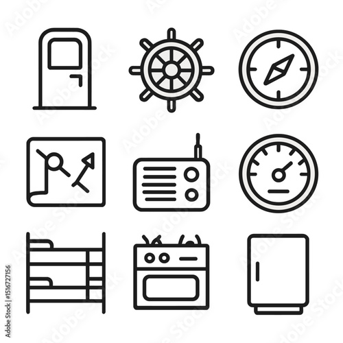 Boat Interior Icon Set. Outline icon set of boat interior: cabin door, steering wheel, compass, chart, radio, engine gauge, bunk