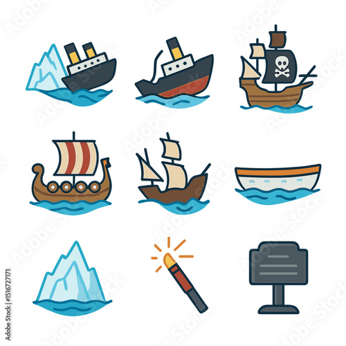 Famous Shipwreck Icons. Flat icon set of famous shipwrecks: Titanic, Lusitania, pirate galleon, Viking