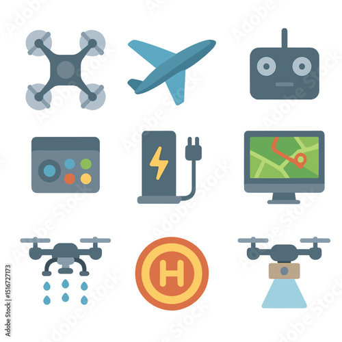 Farm Drone Icons. Flat icon set of farm drones and UAVs: quadcopter drone, fixed-wing drone, drone controller,