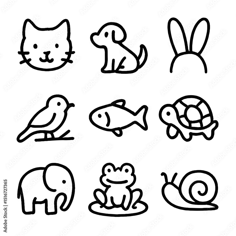 Obraz premium Cute Animal Icons. Outline icon set of cute animal crayon drawings: kitten face, puppy silhouette, bunny ears, bird on branch,