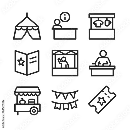 Commemorative Event Icons. Outline icon set of commemorative events and fairs: festival tent, information kiosk, souvenir stand,