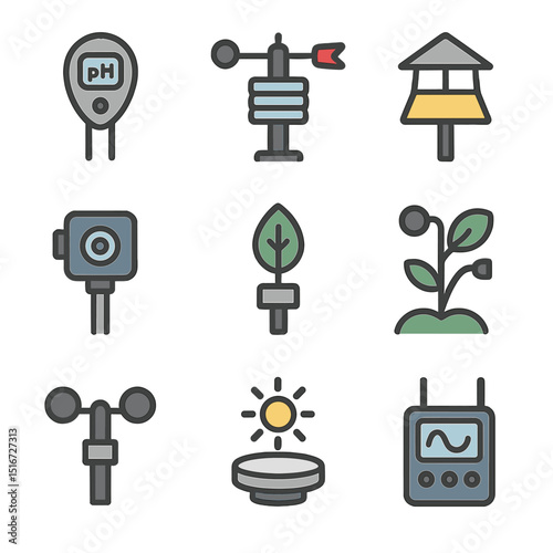 Field Monitoring Icons. Flat icon set of field monitoring devices: soil pH meter, weather station, pest trap