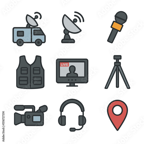 Field Reporting Icons. Flat icon set of field reporting tools: mobile news van, satellite uplink, wireless mic
