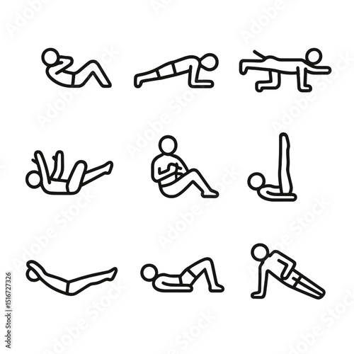 Core Exercise Icons. Outline icon set of core strengthening exercises: crunch, plank, bird-dog, dead bug, Russian twist, leg raise