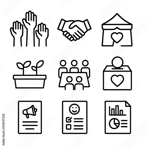 Community Engagement Icons. Outline icon set of community engagement efforts: volunteer hands, local partnership, charity event