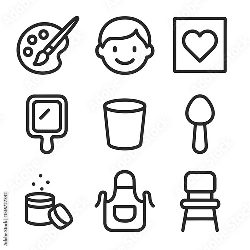Crowd Face Painting Icons. Outline icon set of crowd face painting session: paintbrush palette, smiling face, stencil sheet,
