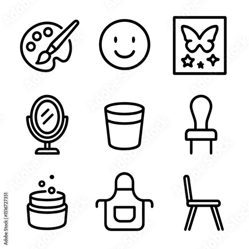 Crowd Face Painting Icons. Outline icon set of crowd face painting session: paintbrush palette, smiling face, stencil sheet,