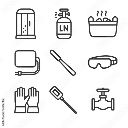 Cryotherapy Tools Icons. Outline icon set of cryotherapy tools: cryo chamber, liquid nitrogen tank, ice bath tub, cooling pad,