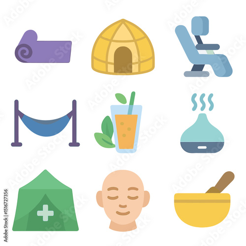 Festival Wellness Icons. Flat icon set of festival wellness zones: yoga mat, meditation dome, massage chair,
