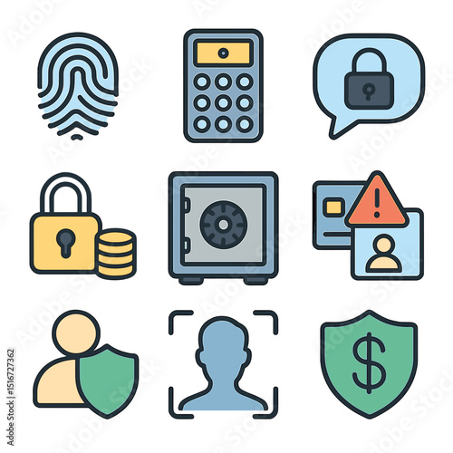 Finance Security Icons. Flat icon set of finance security icons: fingerprint login, pin pad, encrypted chat