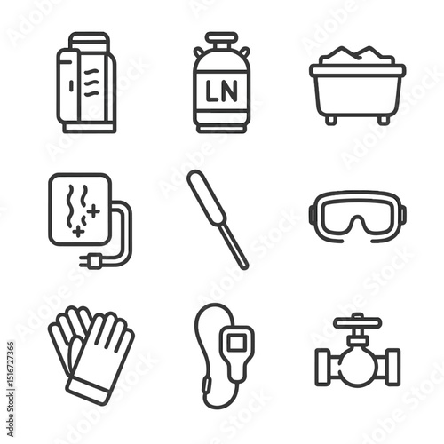 Cryotherapy Tools Icons. Outline icon set of cryotherapy tools: cryo chamber, liquid nitrogen tank, ice bath tub, cooling pad,