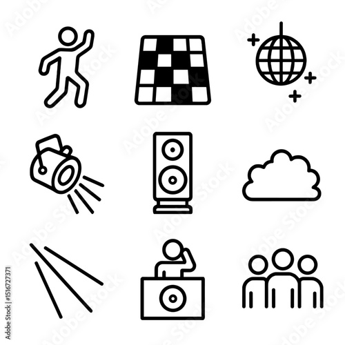 Dance Floor Icons. Outline icon set of dance floor and crowd: dancer silhouette, checkered floor, disco ball, strobe light,