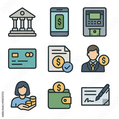 Financial Services Icons. Flat icon set of access to financial services: bank building, mobile banking app,