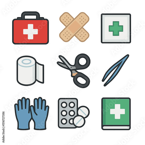 First Aid Kit Icons. Flat icon set of first aid kit in trunk: red cross box, adhesive bandages, antiseptic