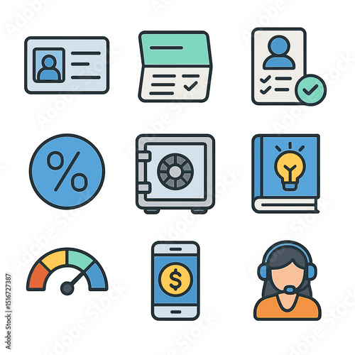 Financial Inclusion Icons. Flat icon set of financial inclusion tools: national ID card, basic savings