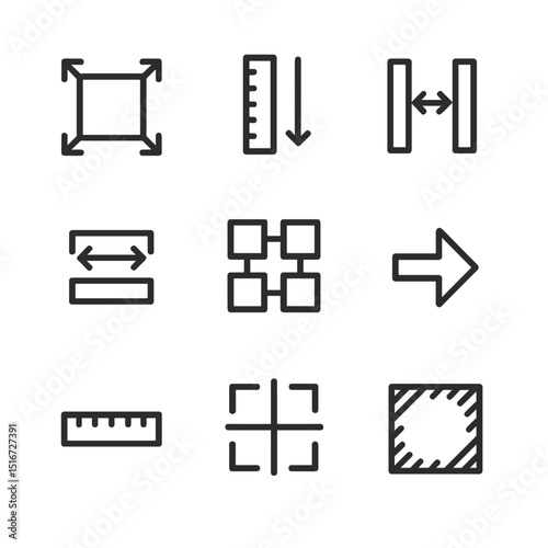 Design Icon Grid. Outline icon set of spacing and padding: margin block, padding guide, gutter space, element separation, grid gap