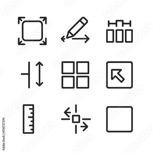 Design Icon Grid. Outline icon set of spacing and padding: margin block, padding guide, gutter space, element separation, grid gap