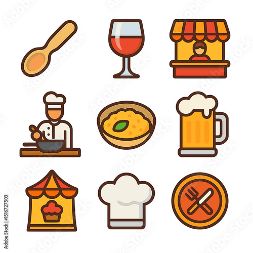 Food Festival Icons. Flat icon set of food and drink festivals: tasting spoon, wine glass, food booth, cooking