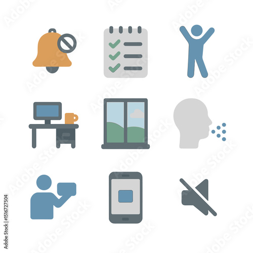Focus and Clarity Icons. Flat icon set of focus and clarity habits: no notifications, to-do notepad, stretch