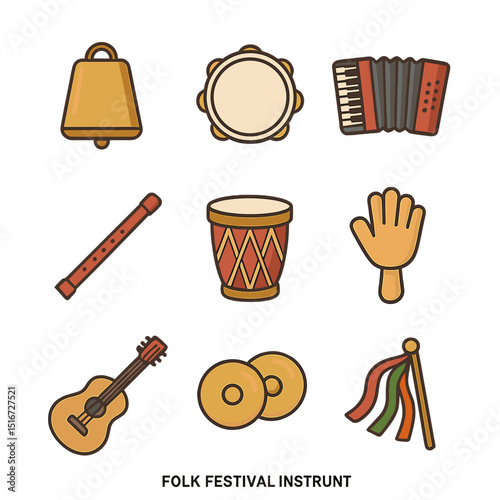 Folk Festival Instruments. Flat icon set of folk festival instruments: cow bell, tambourine, accordion, flute,