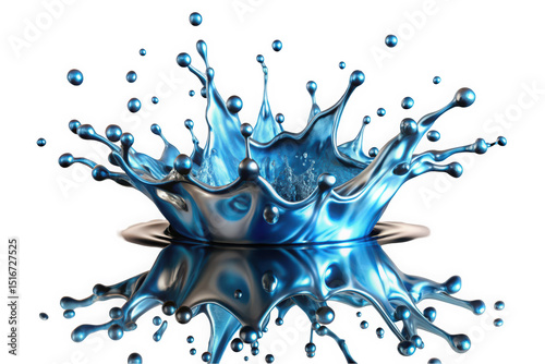 A stunning close-up of a blue water splash, creating dynamic droplets and ripples on a reflective surface, showcasing the beauty of motion in liquid form.