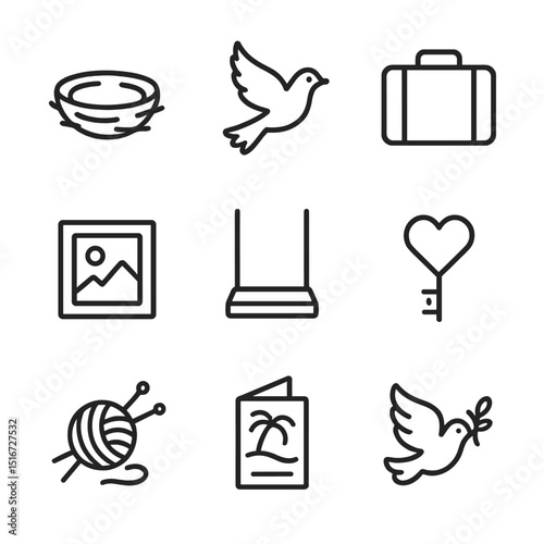 Empty Nest Icons. Outline icon set of empty nest transition: open nest, bird flying away, suitcase, photo frame, empty swing,
