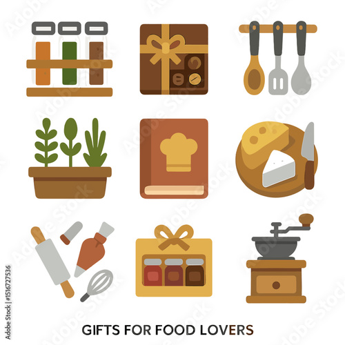 Food Lover Gift Icons. Flat icon set of gifts for food lovers: spice rack, gourmet chocolate box, cooking