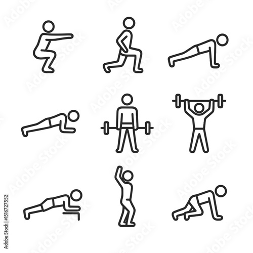 Exercise Icon Set. Outline icon set of exercise demonstration: squat silhouette, lunge outline, push-up icon, plank pose, deadlift
