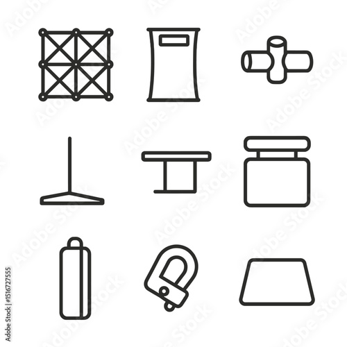 Exhibition Stand Icons. Outline icon set of pop-up exhibition stand: collapsible frame, fabric tension panel, connector joint,