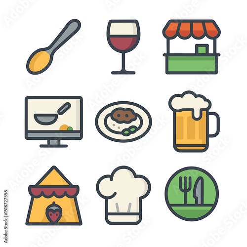 Food Festival Icons. Flat icon set of food and drink festivals: tasting spoon, wine glass, food booth, cooking