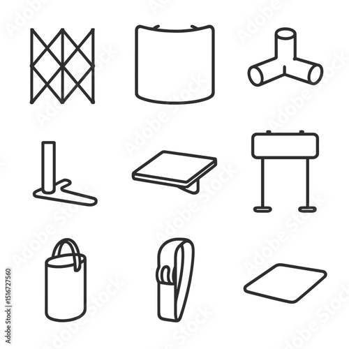 Exhibition Stand Icons. Outline icon set of pop-up exhibition stand: collapsible frame, fabric tension panel, connector joint,