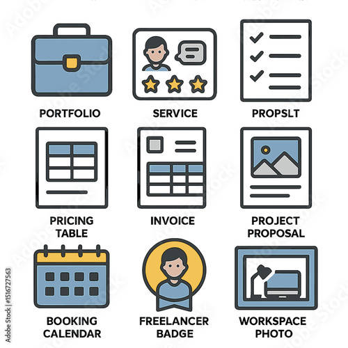 Freelancer Branding Icons. Flat icon set of branding for freelancers: portfolio case, client feedback card,