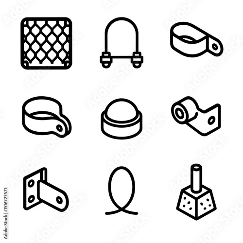 Fence Hardware Icons. Outline icon set of fence hardware and fittings: chain link panel, U-bolt clamp, tension band, brace band,