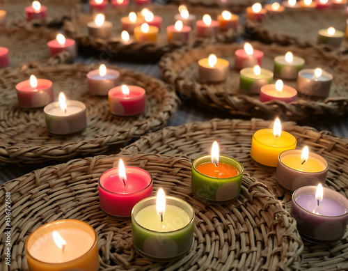 Close-up of glowing tealight candles on woven trays