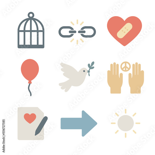 Forgiveness Icon Set. Flat icon set of forgiveness and letting go: open cage, broken chain, heart mending,