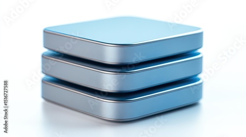 Stacked, light-blue, metallic, data storage, icons,  isolated on white background.