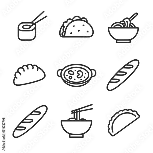 Global Cuisine Icons. Outline icon set of cultural cuisine sampling: sushi roll, taco, pasta bowl, curry bowl, dumpling, paella