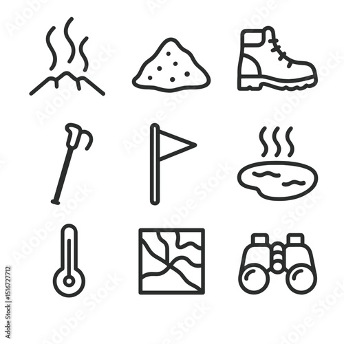 Geothermal Hiking Icons. Outline icon set of volcanic geothermal hikes: steam vent, sulfur deposit, hiking boot, walking stick,