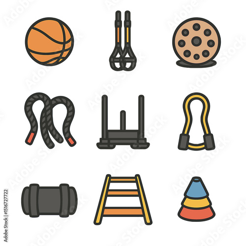 Functional Training Icons. Flat icon set of functional training gear: medicine ball, TRX straps, balance board