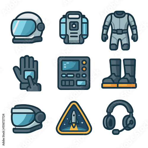 Futuristic Astronaut Gear Icons. Flat icon set of futuristic astronaut gear: smart helmet, oxygen pack,