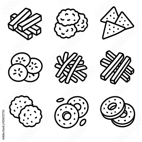 Gluten-Free Snack Icons. Outline icon set of gluten-free deep-fried snacks: polenta fries, rice flour tempura, chickpea flour