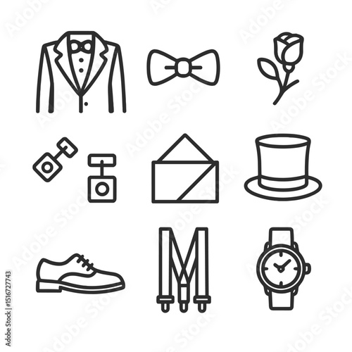 Groom Attire Icons. Outline icon set of groom attire and accessories: tuxedo, bow tie, boutonniere, cufflinks, pocket square, top
