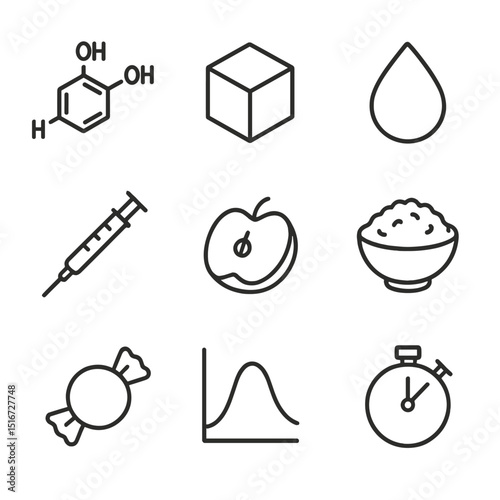 Glycemic Index Icons. Outline icon set of glycemic index and blood sugar: glucose molecule, sugar cube, blood drop, insulin