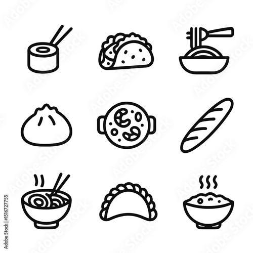 Global Cuisine Icons. Outline icon set of cultural cuisine sampling: sushi roll, taco, pasta bowl, curry bowl, dumpling, paella