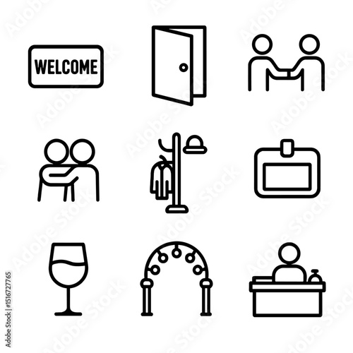 Guest Arrival Icons. Outline icon set of guest arrival moments: welcome mat, open door, handshake, greeting hug, coat rack, name