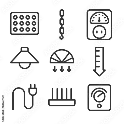 Grow Light Equipment Icons. Outline icon set of grow light equipment: LED panel, hanging chain, timer socket, reflector, light