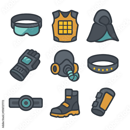Futuristic Scavenger Icons. Flat icon set of futuristic scavenger looks: digital visor, solar-charged vest,