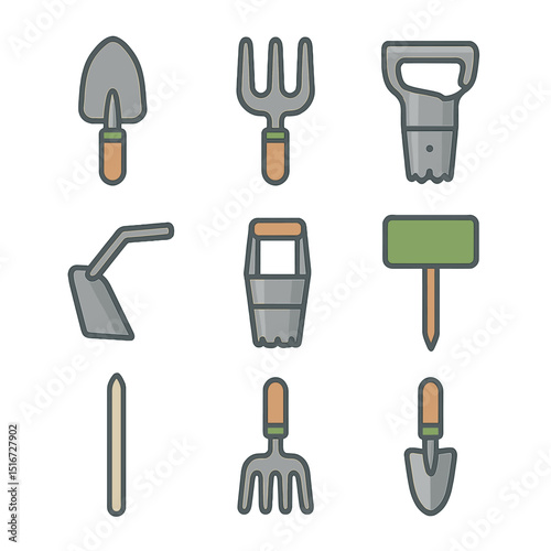 Garden Tools Icons. Flat icon set of garden hand tools: small spade, hand cultivator, weeding fork, hoe tool,